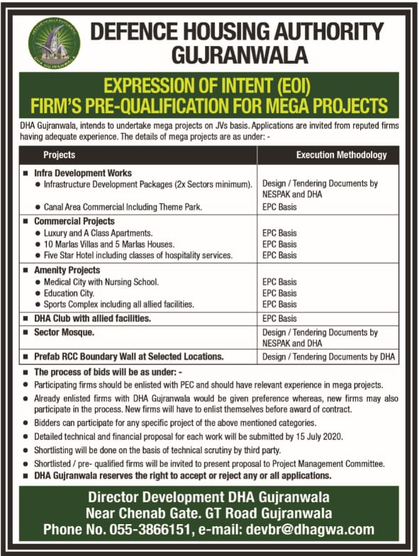 Expression of Intent Firms Pre-Qualification For Mega Projects - DHA Gujranwala