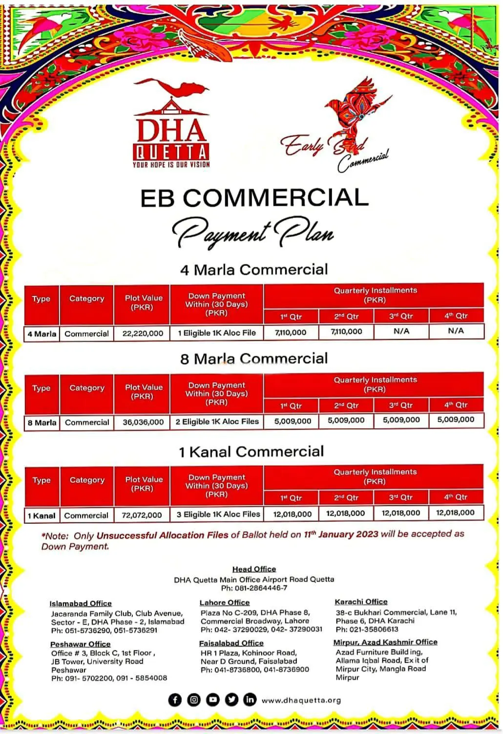 DHA Quetta Early Bird commercial plot payment plan