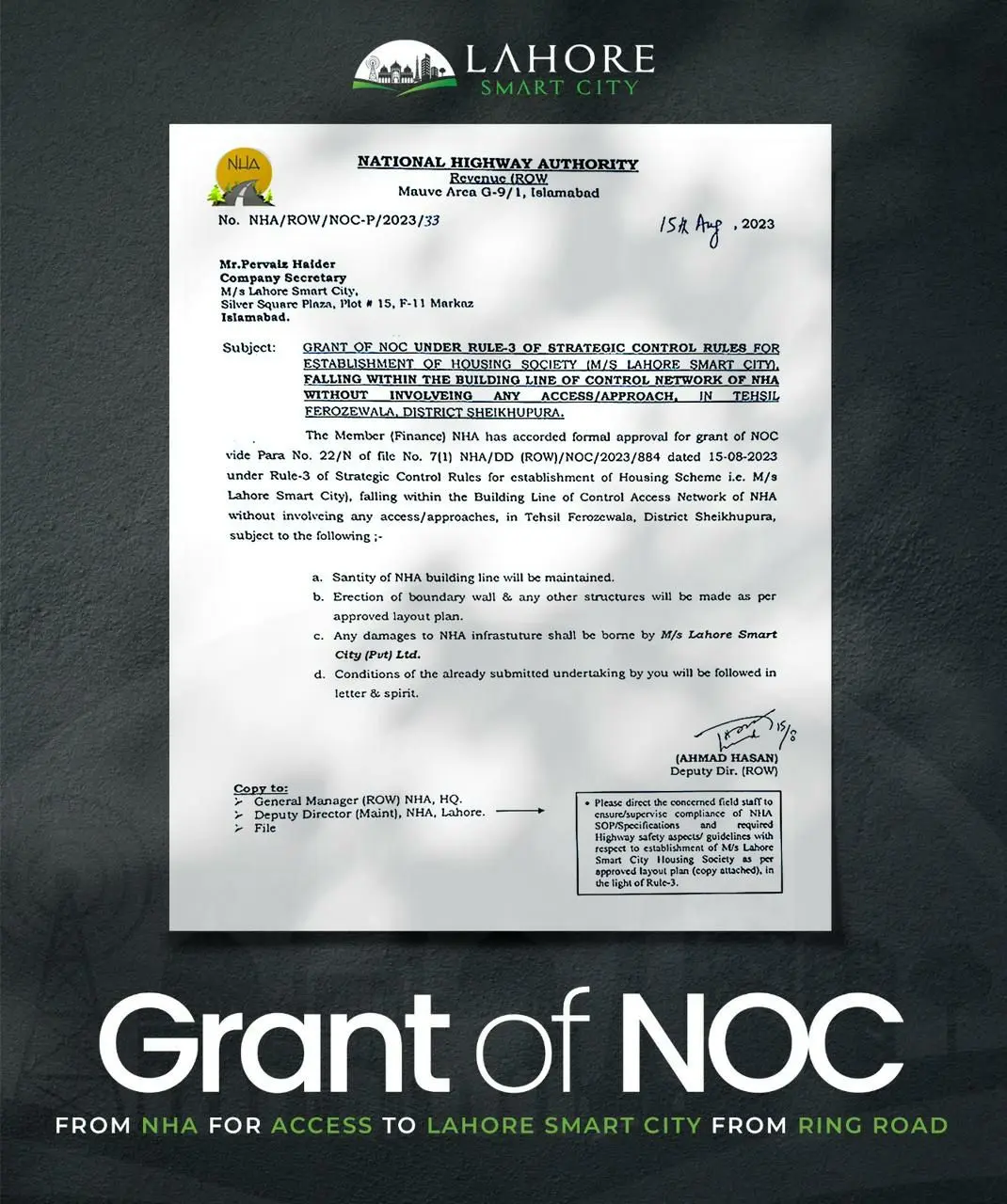 NHA grants an NOC to LSC for direct access to the Lahore Ring Road.