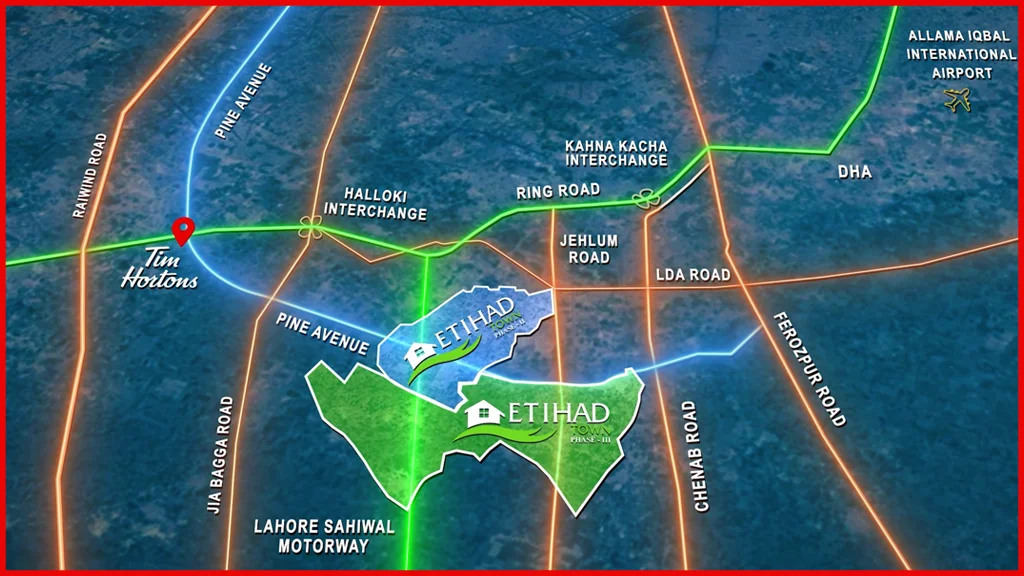 Etihad Town Phase 3 Lahore Location Map